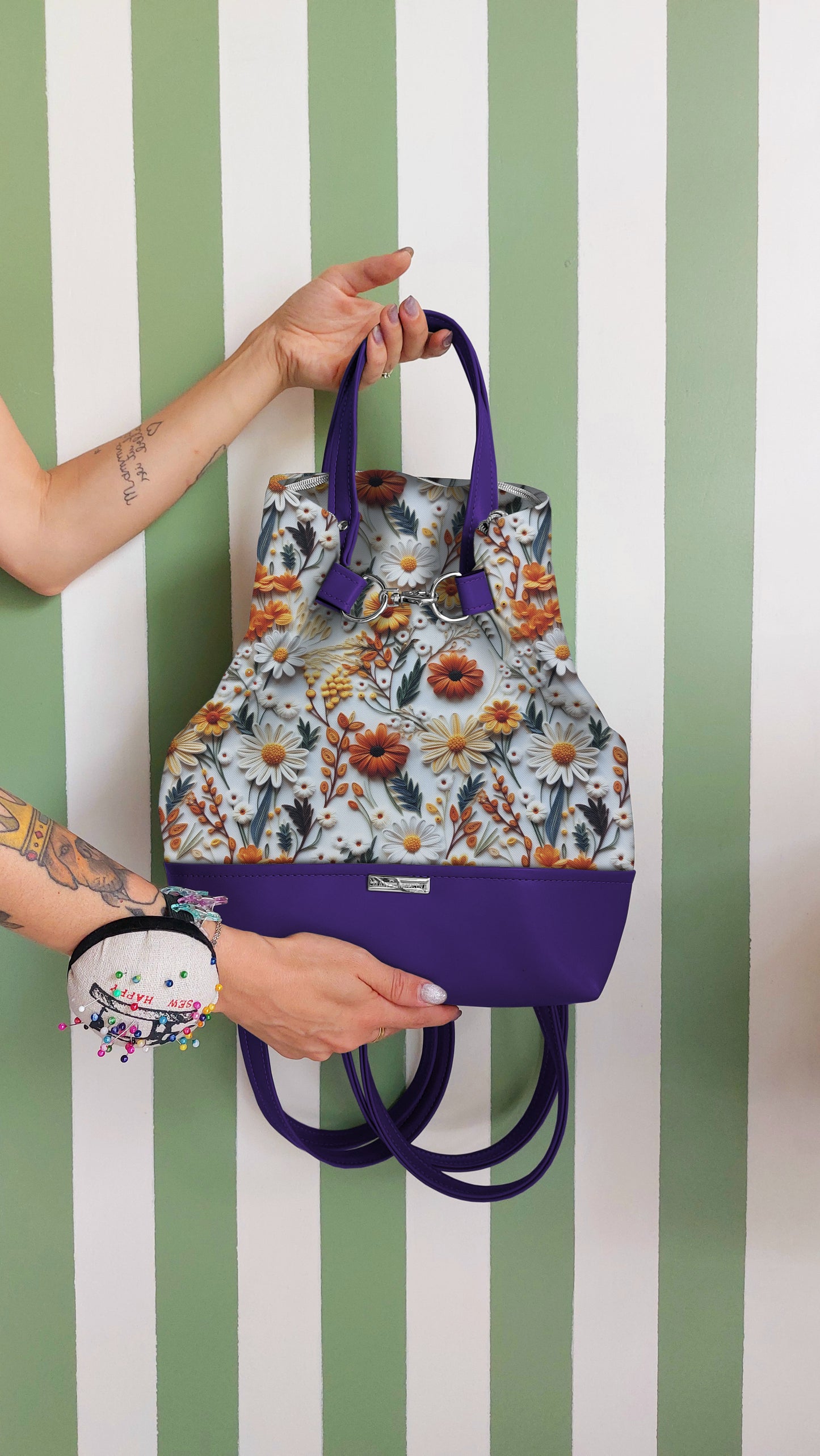 BORSA ZAINO 3 IN 1 VIOLA / fiori gialli