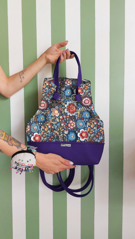 BORSA ZAINO 3 IN 1 VIOLA / fiori ricami blu