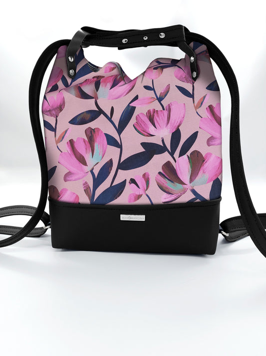 BORSA/ZAINO "BETTA" 2 IN 1 - NERO / flowers fucsia