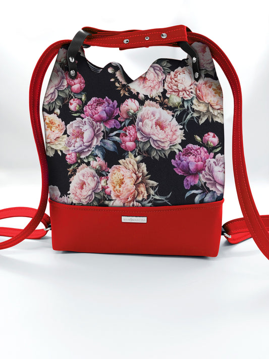 BORSA/ZAINO "BETTA" 2 IN 1 - ROSSO / peonie