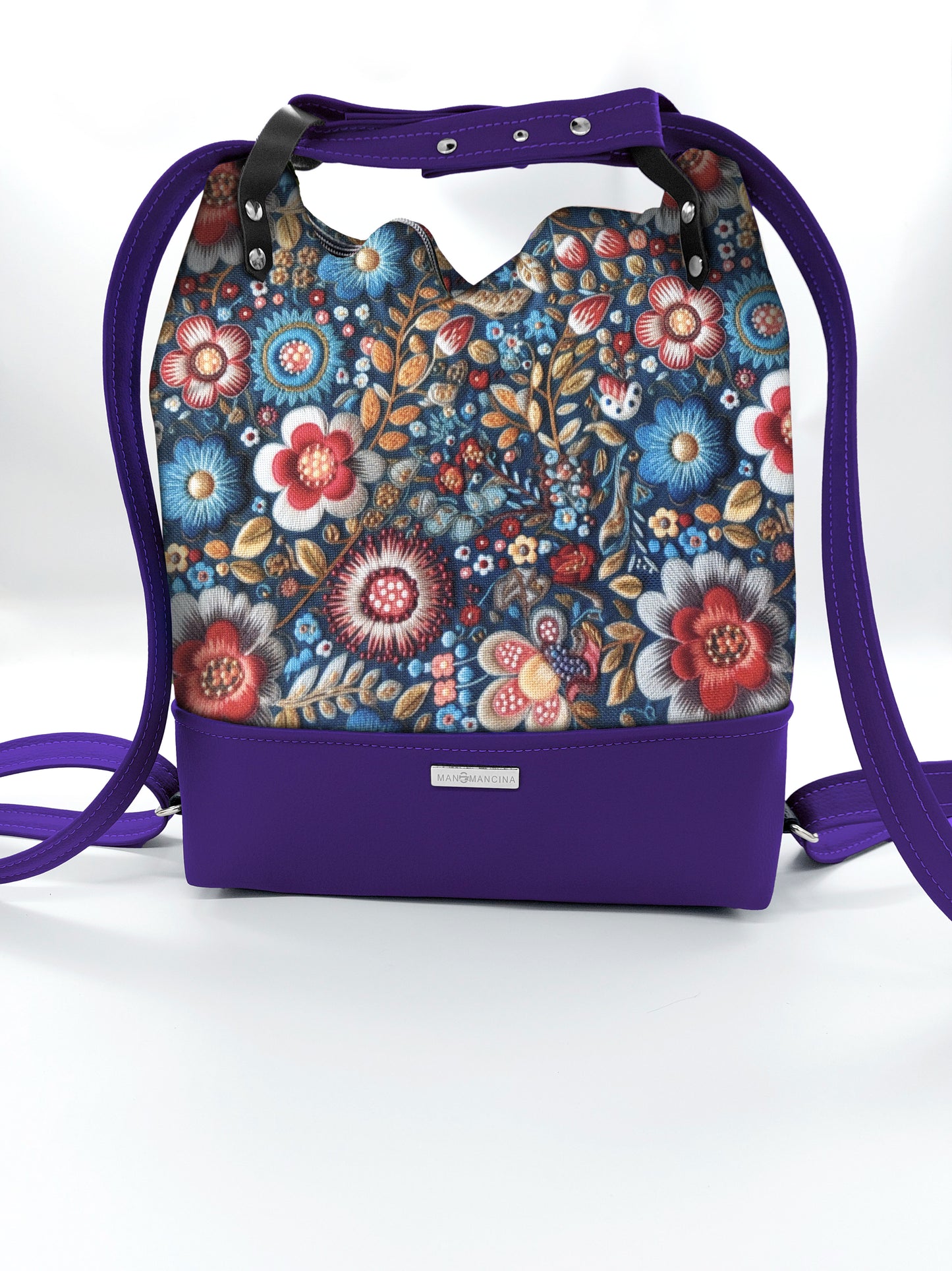 BORSA/ZAINO "BETTA" 2 IN 1 - VIOLA / ricami blu