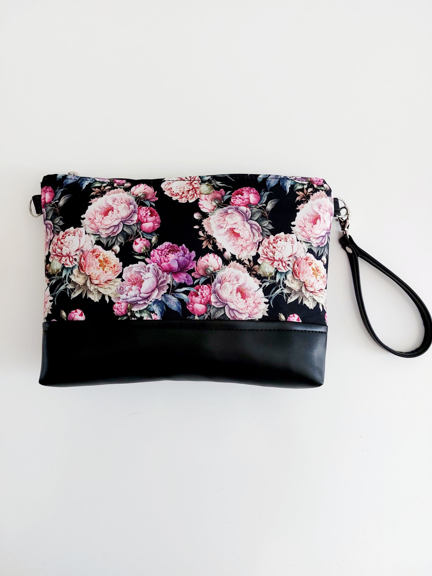 "POSCÈ" pochette in similpelle nero/flowers peonie