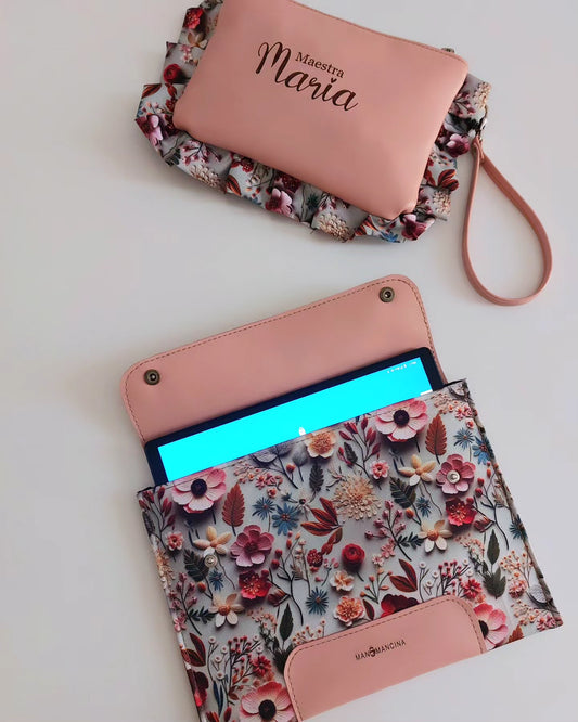 CUSTODIA PORTA TABLET rosa antico/flowers rilievo